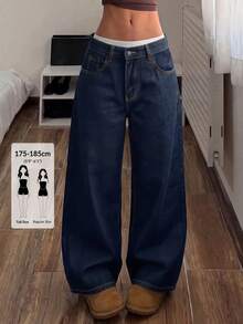 SHEIN Tall Celana Jeans Denim Wanita Model Lebar, Longgar, Kasual, Serbaguna dengan Kantong, Cocok untuk Musim Gugur - Dark Wash - View 2