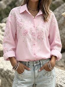 EMERY ROSE Plus Size Floral Print Vacation Casual Shirt Fall - Pink - View 3