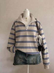 SHEIN EZwear 女款休閒半拉鍊寬鬆條紋衛衣，秋冬服飾，返校穿搭，2026秋冬，休閒Y2K通勤基本款，牛仔女孩復古風，適合外出與校園穿著 - 彩色 - 查看 3