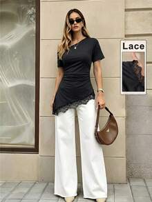 Selenza Summer New Women's Holiday Outfit Black One Shoulder Lace Patchwork Fitted Short Sleeve T-Shirt - Black - View 5