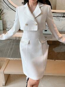 Feyla Bộ vest nữ thanh lịch gồm áo khoác hai hàng cúc cổ bẻ tay dài màu trơn và váy hai dây - Màu be - Xem 2