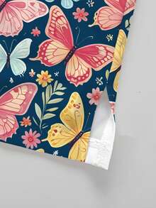 PopScrub 2pcs/Set Seragam Kerja Kasual Motif Kartun Kupu-kupu & Tanaman, Atasan Kerja Wanita Model V-Neck Lengan Pendek dengan Saku dan Desain Belahan, Celana Panjang Lurus Warna Hijau Tua, Musim Semi/Panas - MultiWarna - View 5