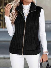 EMERY ROSE Women's Solid Color Zipper Casual Versatile Daily Travel Vest Jacket - Dusty Blue - View 8