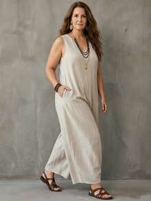 EMERY ROSE Plus Size Women's Solid Color Casual Daily Wear Jumpsuit - Apricot - View 4