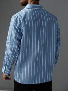 EGENSIO Plus Size Men's Single-Breasted Casual Blue Striped Long Sleeve Shirt - Blue - View 2