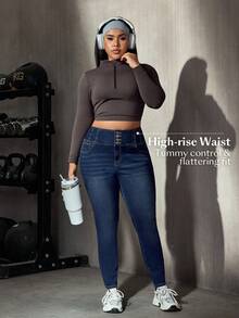 Flexra Casual Slim Fit High Waist Navy Blue Daily Stretchy Washed Comfortable Flattering Wear Plus Size Jeans For Women Formal Date Night Summer - Dark Wash - View 4