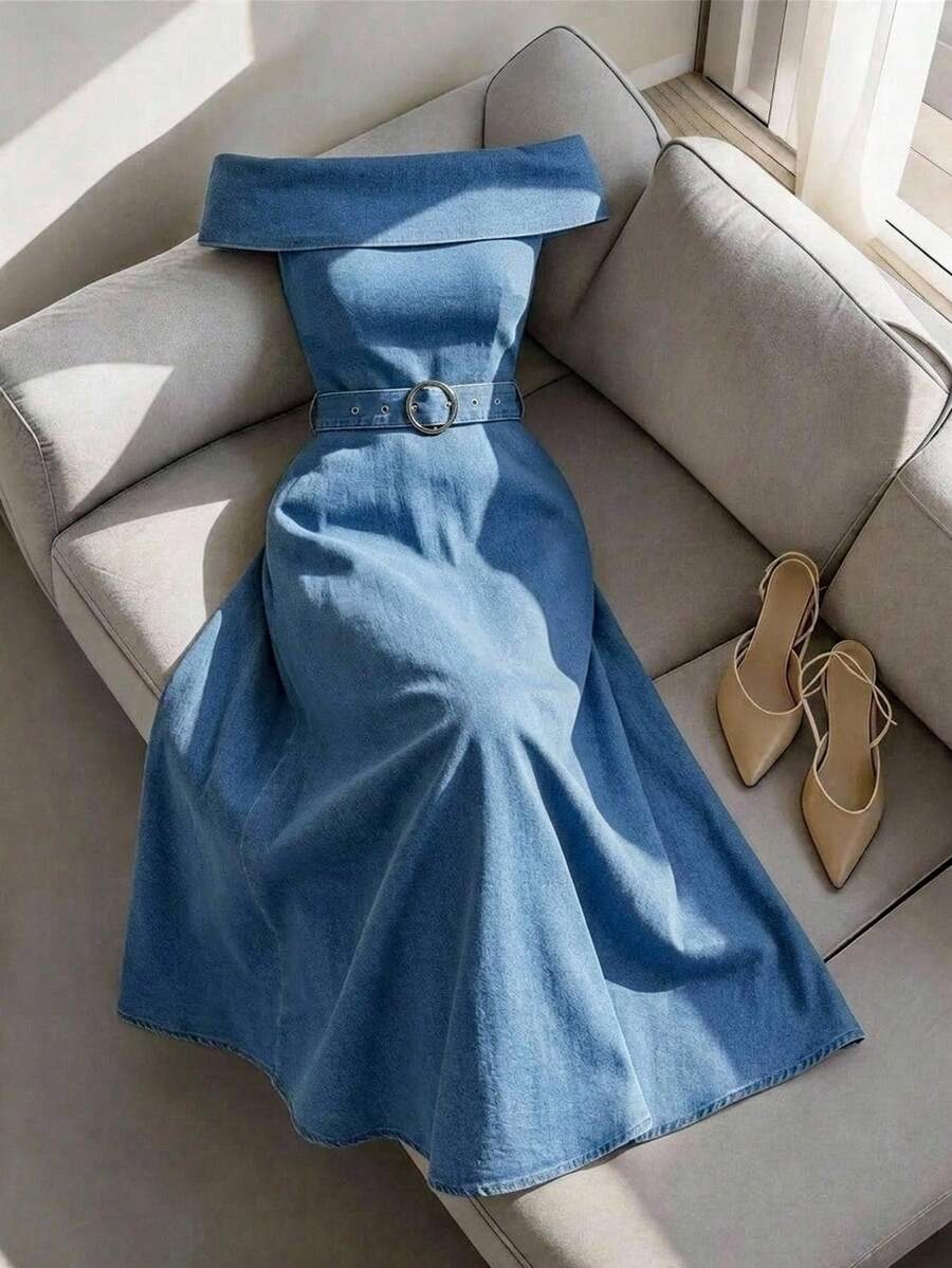 SHEIN MOD Women's High Waist Off-Shoulder Denim Dress - Blue - View 1