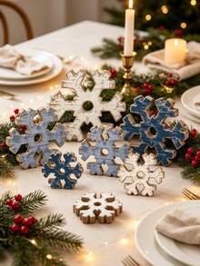 6 Piece Set Winter Wooden Snowflake Decor Rustic Farmhouse Christmas Table Sign Wonderland Wood Block Ornament For Mantel Shelf Fireplace Holiday Party Home Kitchen Celebration Gift For Housewarming Anniversary - multicolor - View 8
