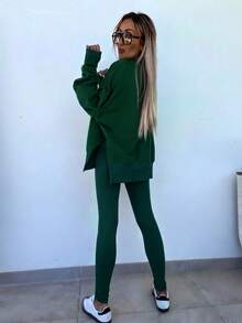 INAWLY Women's Solid Color Minimalist Long Sleeve Top And Pants Set, Casual Everyday Wear - Dark Green - View 2