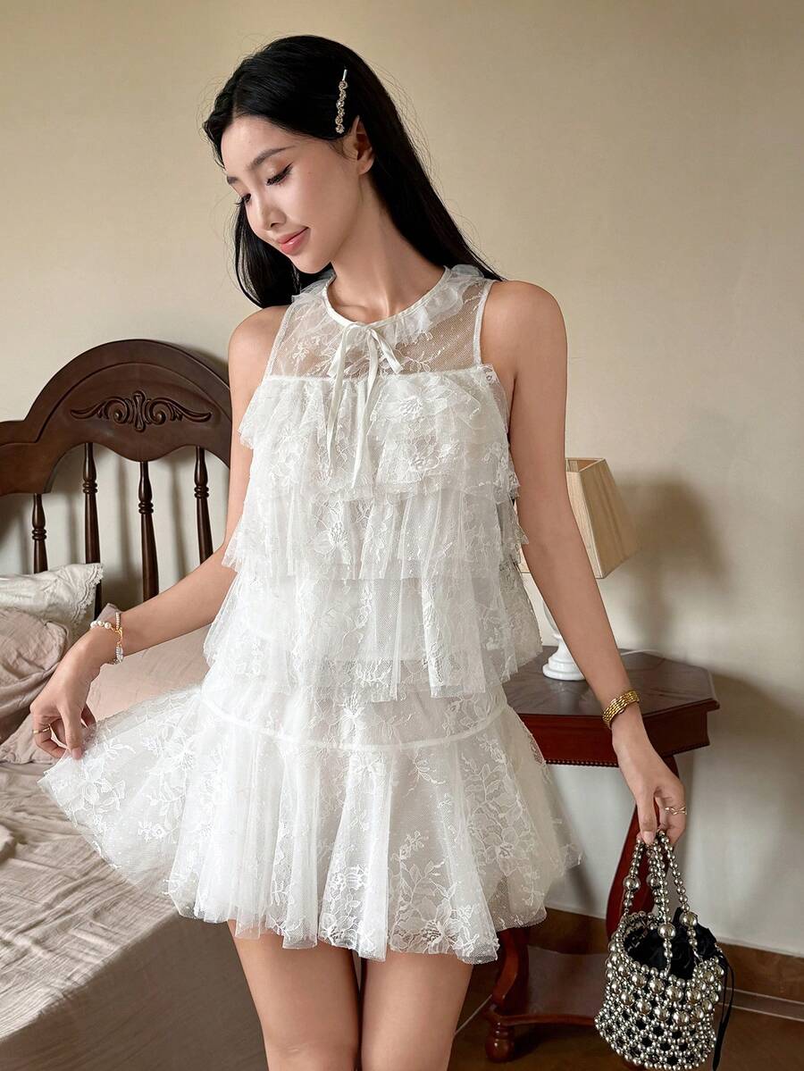 Tideelle 白色蕾丝蝴蝶结无袖上衣+迷你裙两件套，甜美女孩蛋糕裙套装，夏季度假仙女风半身裙