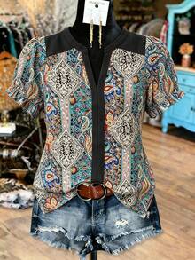 EMERY ROSE Spring Summer Casual Commute Gym Vacation Elegant Music Festival Western Cowboy Patchwork Print Linen-Like Plus Size Shirt Brown - Blue - View 1