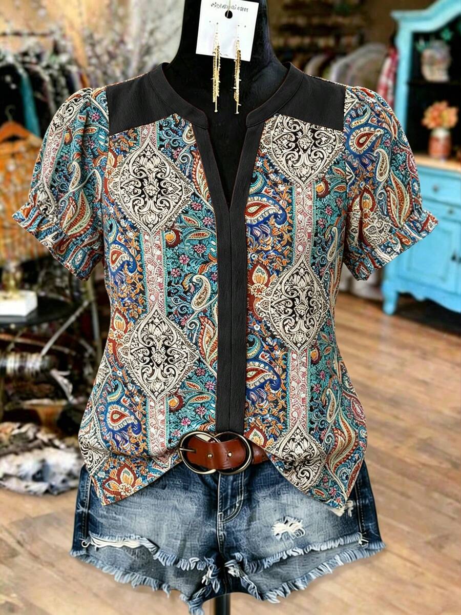 EMERY ROSE Spring Summer Casual Commute Gym Vacation Elegant Music Festival Western Cowboy Patchwork Print Linen-Like Plus Size Shirt Brown - Blue - View 1