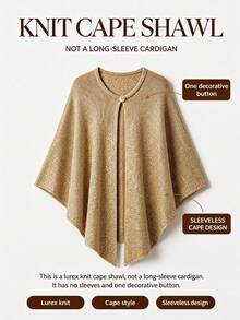 Linhara CURVE 2026NewPlusSizeSolidColorKnitCapeWithGoldSilverMetallicThreadLuxuriousShawlSuitableForRomanticVacationWomenCapeSweaterSparklySilverLurexBlend - Apricot - View 7