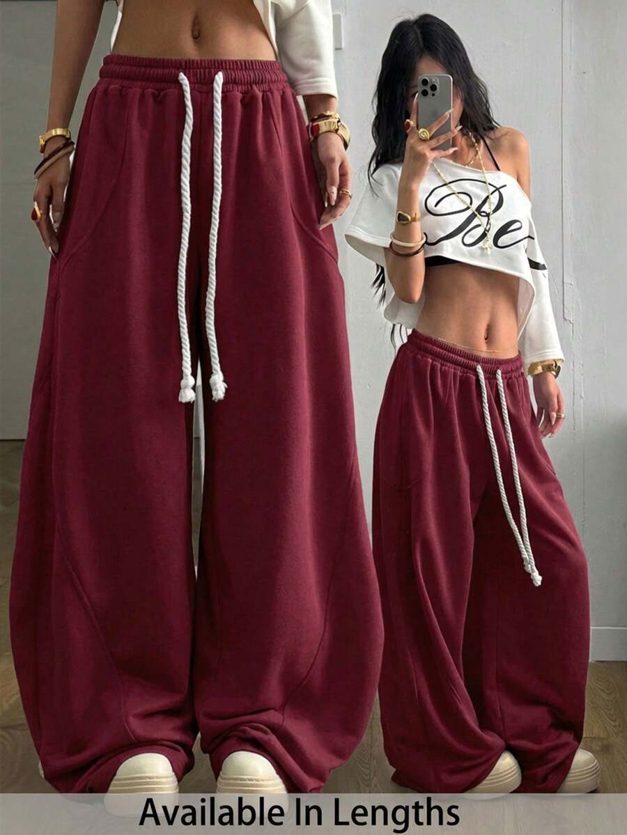 SHEIN Tall CURVE 大码女式街头风外出休闲裤，大码弹力腰带舒适筒状裤，阔腿运动裤 - 酒紅色 - 查看 1