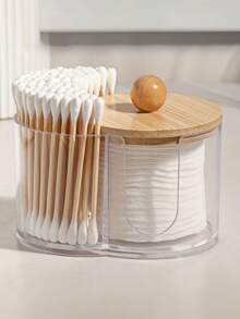 1PC Standard Size Bamboo Lid 2 In 1 Round Dual Hole Cotton Pad Holder And Floss Pick Container Organizer With Clear Body For Bathroom Vanity Countertop Cosmetic Sponge Storage Dispenser Dustproof Stackable Space Saving Home Essential - A - View 4