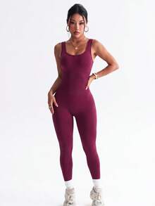 Dewbera Dewbera 1pc Women's Purple-Red Knit Seamless Comfortable Elastic Spaghetti Strap Jumpsuit, Backless Sexy, Suitable For Spring, Summer, Autumn, Winter - Red Violet - View 4
