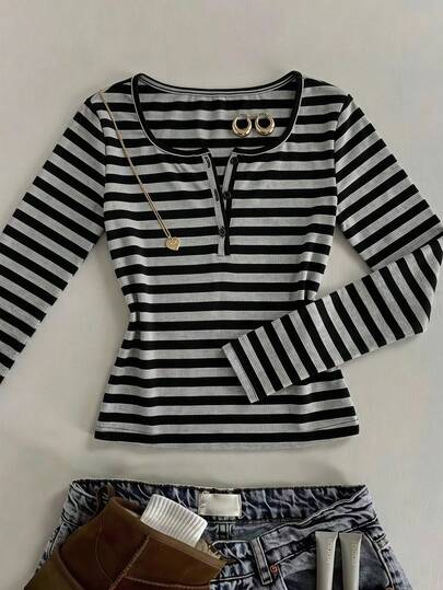 SHEIN Tween Girl Casual Black & Grey Striped Half-Button U-Neck Slim Fit Long Sleeve Versatile T-Shirt, College Style Back To School