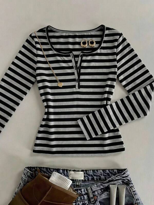 SHEIN Tween Girl Casual Black & Grey Striped Half-Button U-Neck Slim Fit Long Sleeve Versatile T-Shirt, College Style Back To School