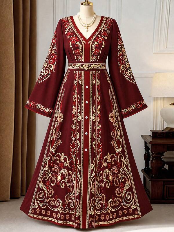 Rometta Plus Size Women's Fashion Elegant New Bohemian Middle Eastern Print V-Neck Cinched Waist Long Sleeve Dress, Suitable For Back To School, Vacation, Valentine's Day, Christmas, Date Party, Wedding Season, Outing, Etc.