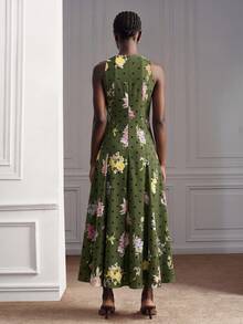 Aveloria Modichic Green Ditsy Floral Fabric, Elegant Split Long Full Skirt Sleeveless Dress, A-Line Skirt, Vintage, Brunch Party, Lightweight Summer - Green - View 2