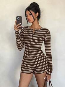 Siren Gaze 女士休闲度假通勤撞色条纹印花单排扣长袖T恤短裤套装，春夏秋季佐伊穿搭 - 棕色 - 查看 7