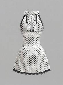 Sweetra Sexy Deep V-Neck Lace Satin Halter Neck Dress, Backless A-Line Mini Dress, Versatile For Travel & Vacation - Black and White - View 2