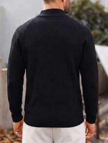 Claim Dot Old Money Men's Plus Size Solid Color Zip-Up Half-Placket Long Sleeve Casual Streetwear Sweater Formal Vacation Office Black Autumn - Black - View 2