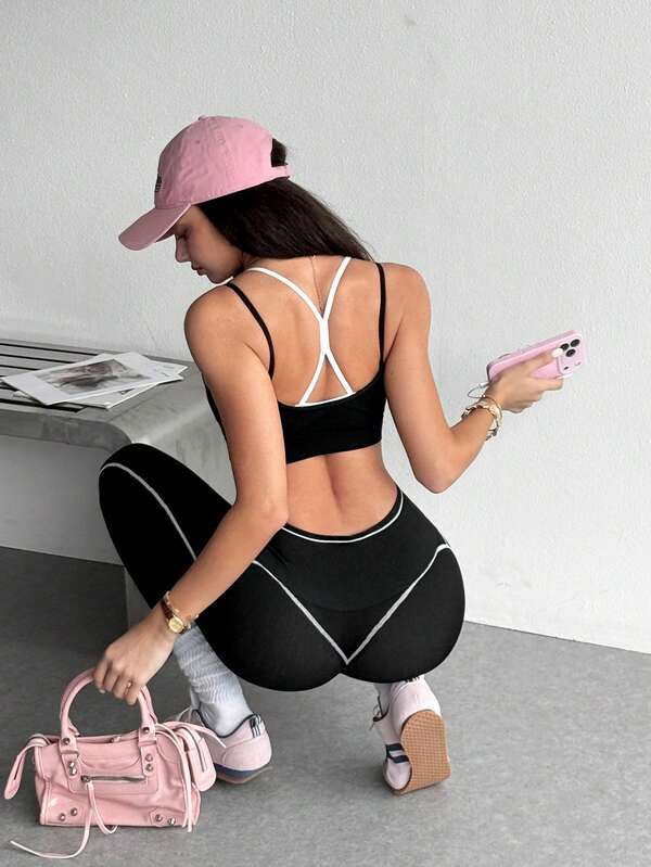 SHEIN Dewbera Conjunto deportivo casual diario de 2 piezas para mujer con top de imitación y leggings de cintura alta