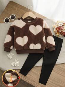 SHEIN 女嬰休閒日常毛絨愛心印花上衣與內搭褲套裝 - 彩色 - 查看 4