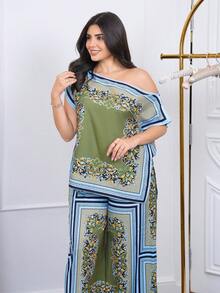 The Leen Edit Women's Green Gingham Summer Boho Tropical European Elegant Holiday Vacation Matching Top A,Casual Bohemian Floral Color Block Print Set - Green - View 4