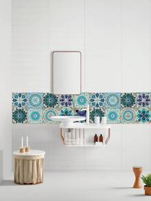 10pcs Self Adhesive Waterproof Oilproof Mildewproof Removable Tile Stickers Blue Purple Mandala For Bathroom Kitchen Shower Wall Home Decor - multicolor - View 4