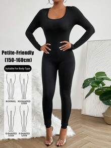 SHEIN PETITE Solid Scoop Neck Unitard Spring Women Jumpsuit ,Fall/Winter,Petite Women - Black - View 1