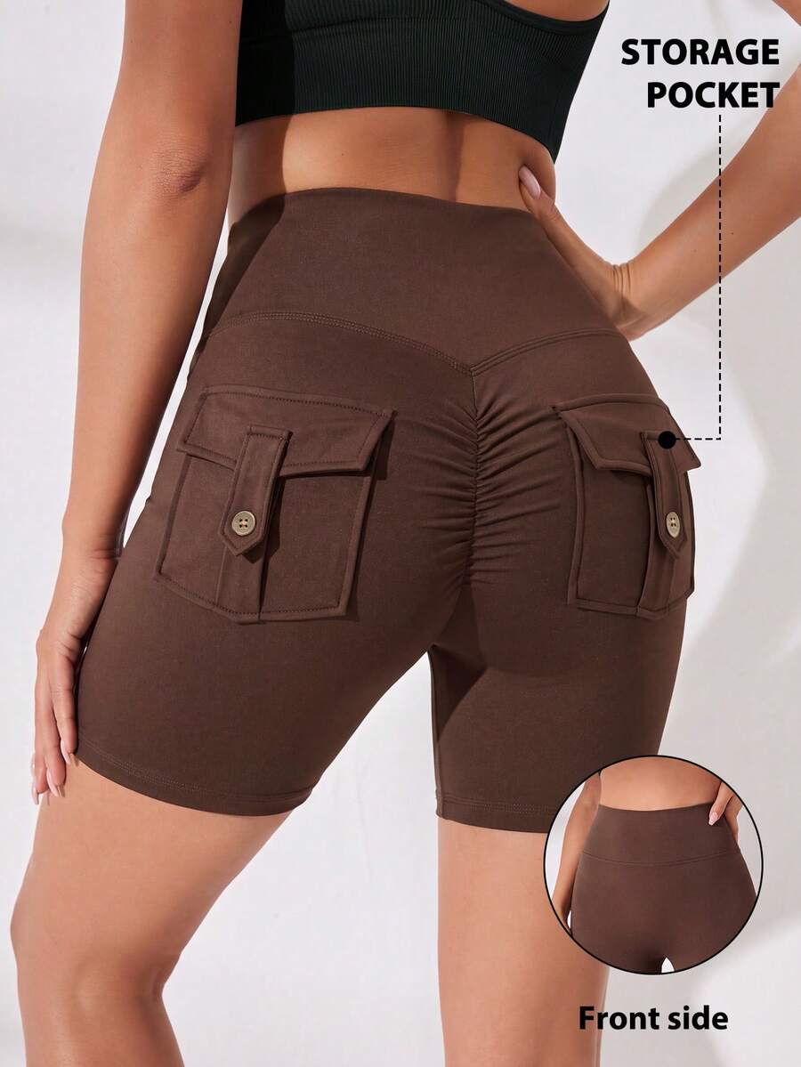 Easithlete Easithlete Women's Solid Color Pocket Design Ruched Hip Athletic Shorts - Coffee Brown - View 1
