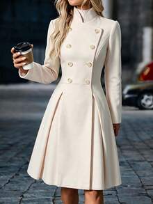 SHEIN LUNE Women's Solid Color Wool Fabric Design Stand Collar Cinched Waist Flared Long Sleeve Button-Front Elegant Sophisticated Elegant Autumn Winter Overcoat New Essential Fashion Item Niche Design Versatile Long Coat - Apricot - View 4