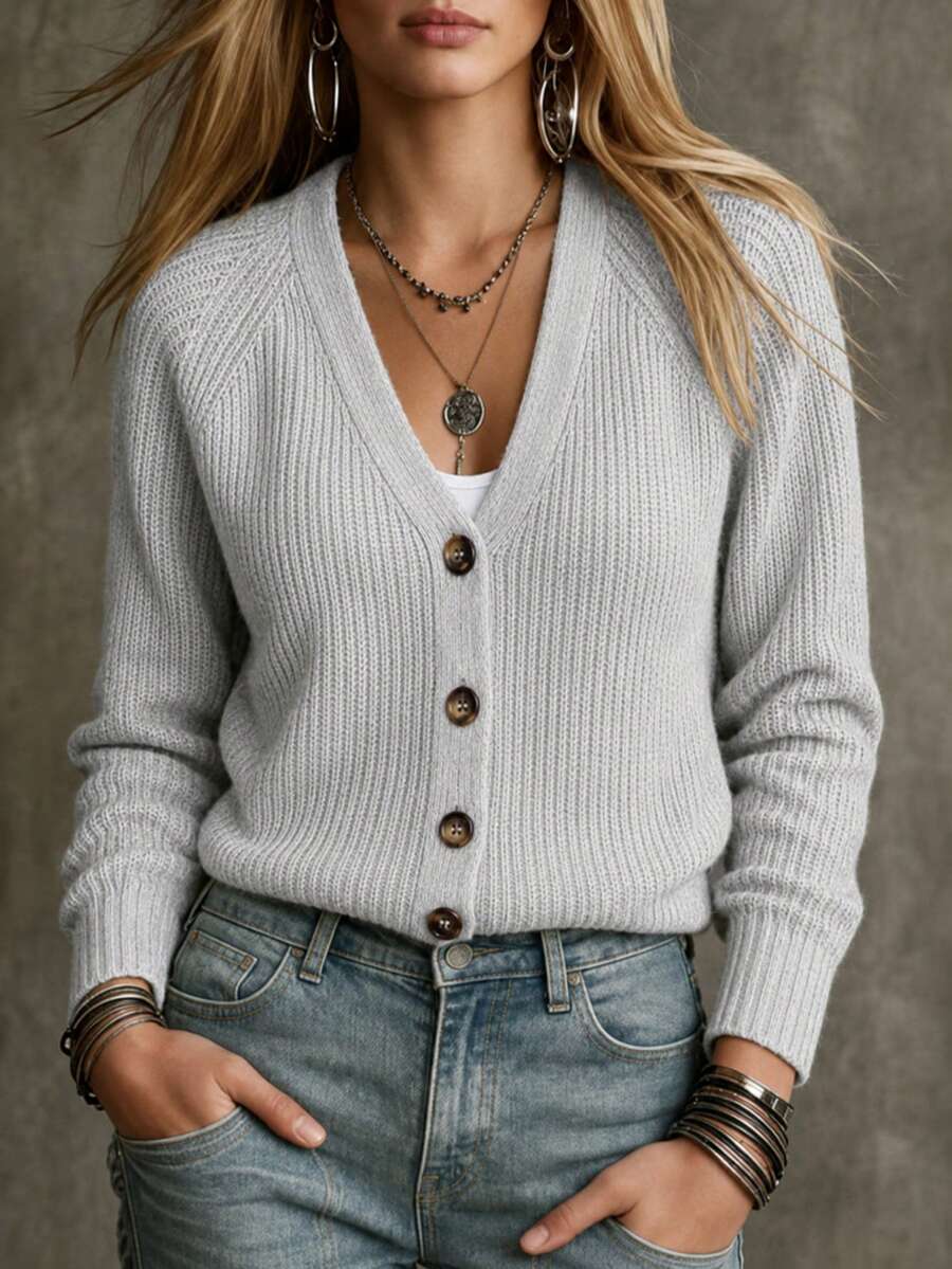 SHEIN 女士百搭V领开衫毛衣外套,宽松休闲简约风格 - 淺灰色 - 查看 1