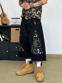 STEELVANCE 男士花卉圖案休閒日常牛仔短褲 - 黑色 - 查看 5