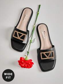 SHUZIA Women's Square Toe Signature Gold Oversized Sculptural Buckle Pu Black Slide Sandals – Soft Cushions, Chic, Comfortable & Easy To Pair - Black - View 3