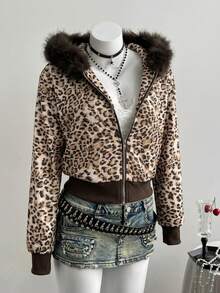 Elamini Women's Leopard Print Hooded Patchwork Fuzzy Design Zip-Up Slim Fit Flattering Short Y2K Retro Sexy Hot Girl Street Style Fashion Commute Sweatshirt - Brown - View 3