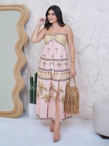 The Leen Edit Bohemian Style Beach Dress, Spaghetti Strap High-End Long Sundress For Summer Vacation Maxi Women Outfit Party Elegant - Green - View 1