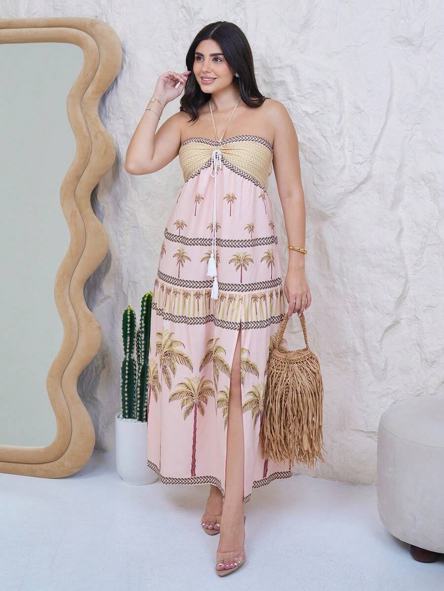 The Leen Edit Bohemian Style Beach Dress, Spaghetti Strap High-End Long Sundress For Summer Vacation Maxi Women Outfit Party Elegant - Green - View 1