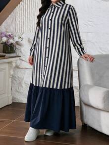 Lacomfia Plus Size Women's Woven Digital Print Striped Button-Up Patchwork Hem Elegant Romantic Dress - Multicolor - View 6