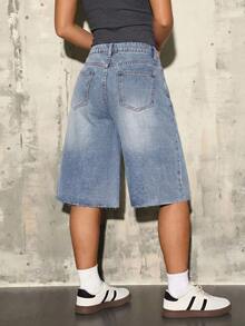 Teen Girls Blue Denim Loose Capri Pants - Light Wash - View 2