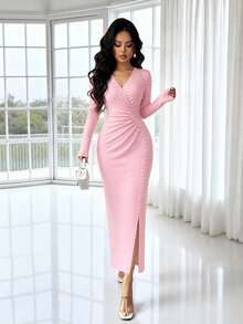 SHEIN Raffinéa Elegant Exquisite Sexy V-Neck Long Sleeve Fitted Dress With Side Slit Design Women's Long Dress - Pink - View 4