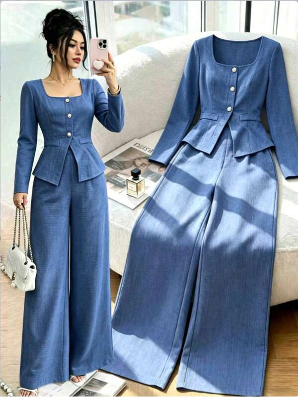 Selianne Conjunto de 2 piezas para mujer, moda nueva, azul, cuello cuadrado, botones de perla, elegante, sofisticado, para negocios, oficina y casual, efecto estilizante