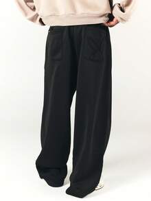 PLAYBOY X SUMWON Bunny Embroidered Wide Leg Sweatpants With Patch Pockets Relaxed Fit Fleece Joggers Cozy Fall Winter Loungewear - Black - View 1