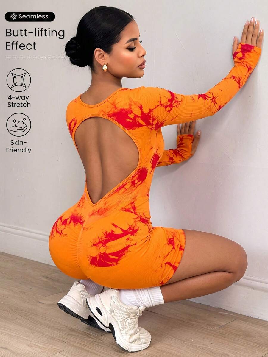 SHEIN Core Rhythm 女款時尚運動風交叉設計露背緊身連身褲 機場穿搭 - 彩色 - 查看 1