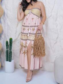 The Leen Edit Bohemian Style Beach Dress, Spaghetti Strap High-End Long Sundress For Summer Vacation Maxi Women Outfit Party Elegant - Green - View 5