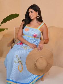 The Leen Edit Women's Summer Beach Vacation Striped Print Embroidered Contrast Color Strap Dress,Summer Dresses For Women Party Elegant - Multicolor - View 3