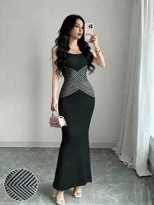 Modelyn Women's Striped Textured Print Sexy Spaghetti Strap Waist Fitted Long Dress, Summer - Multicolor - View 6