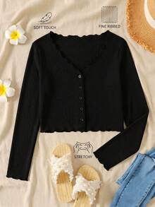 SHEIN كارديجان صوف خريفي للبنات المراهقات بتصميم كاجوال متعدد الاستخدامات، بياقة V مضلعة وحافة مكشكشة وأزرار أمامية، للعودة إلى المدرسة - الأسود - مشاهدة 3